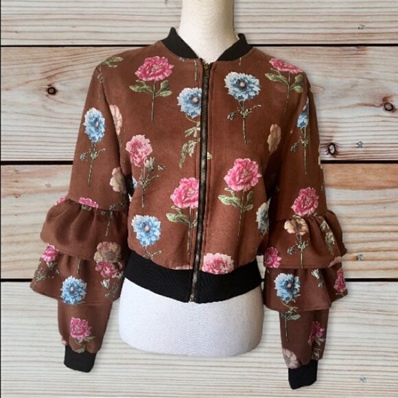 🎄Jealous Tomato Faux Suede Floral Print Crop Bomber Jacket - Picture 1 of 15
